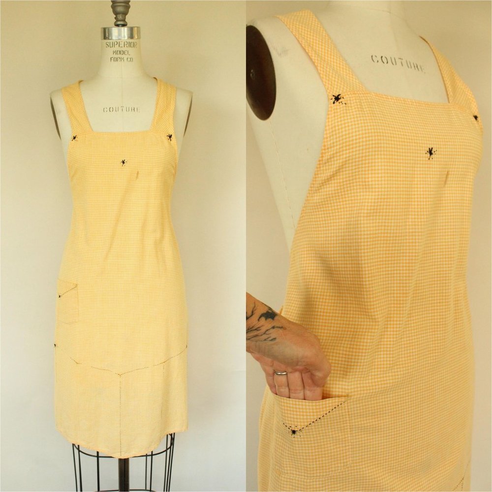 Vintage 1960s Apron, Orange Gingham Pinafore With Pocket
